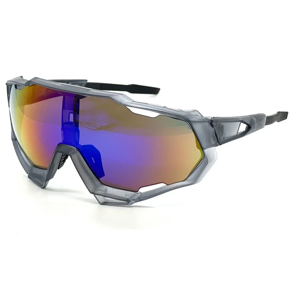 Mens Sport Shield Cycling Sunglasses Translucent Grey Iridescent Mirror Lens New